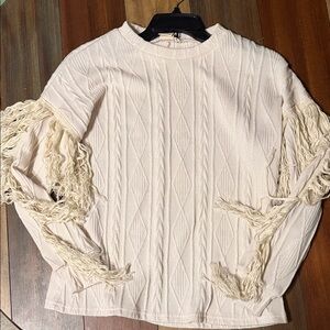 Elegant Cream Cable Knit Sweater with Fringe